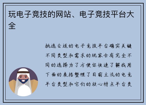 玩电子竞技的网站、电子竞技平台大全