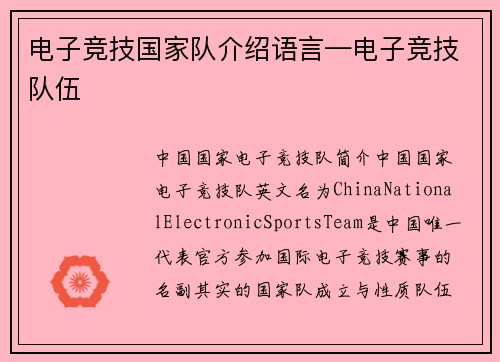 电子竞技国家队介绍语言—电子竞技队伍